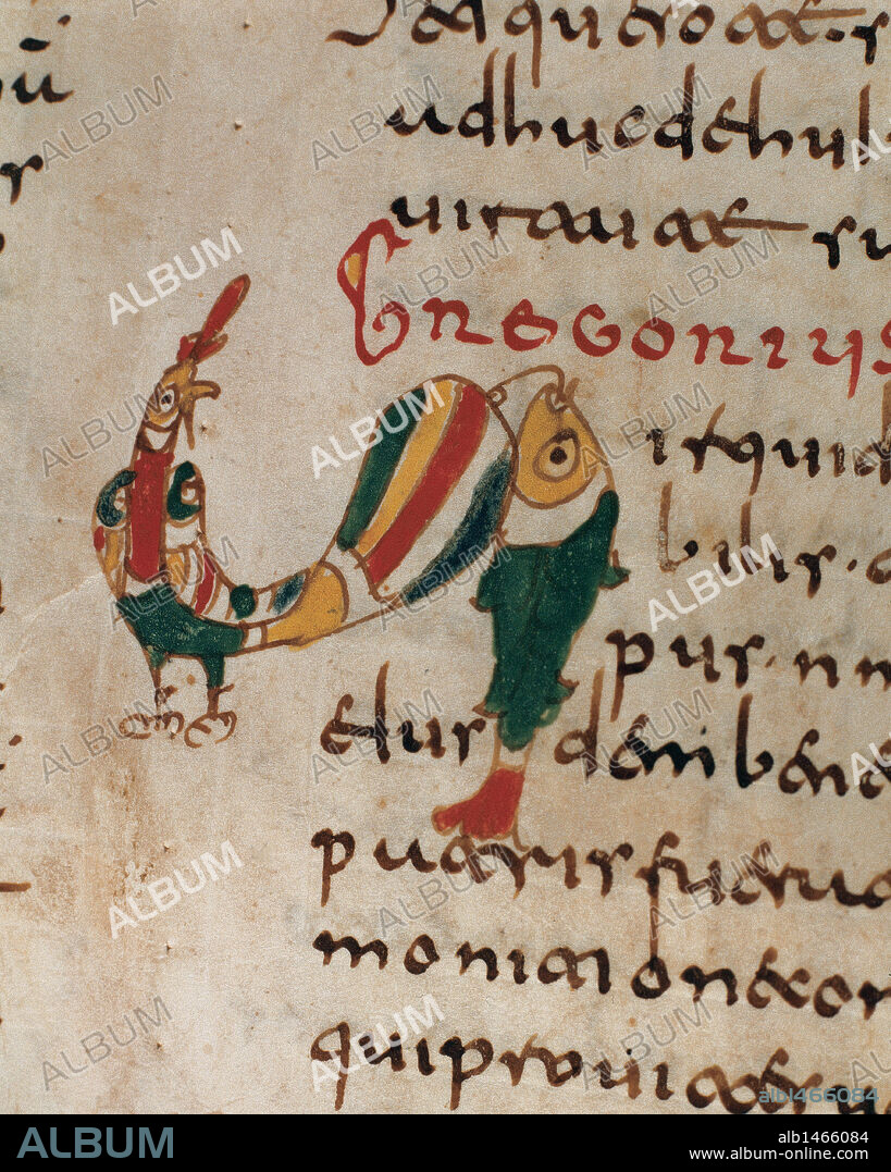 ARTE VISIGODO. ESPAÑA. "MISCELANIA PATRISTICA". Volúmen en pergamino. Fechado el 938. Escrito en escritura minúscula visigoda, a dos columnas. Títulos e iniciales en color azul y rojo. Abundan las iniciales ornamentadas con diversos motivos de figuras humanas y zoomórficas. Arxiu Capitular de la Seu d'Urgell. Cataluña.