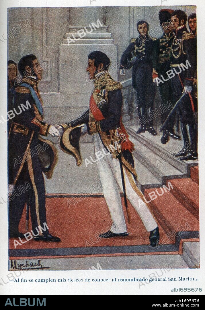 Encuentro entre los generales San Martín (Río de la Plata, 1778-Boulogne-sur-Mer, 1850), militar y p olíticoargentino, y Simón Bolívar (Caracas, 1783-Santa Marta, 1830), militar venezolano, en Guayaquil el 26 de julio de 1822.