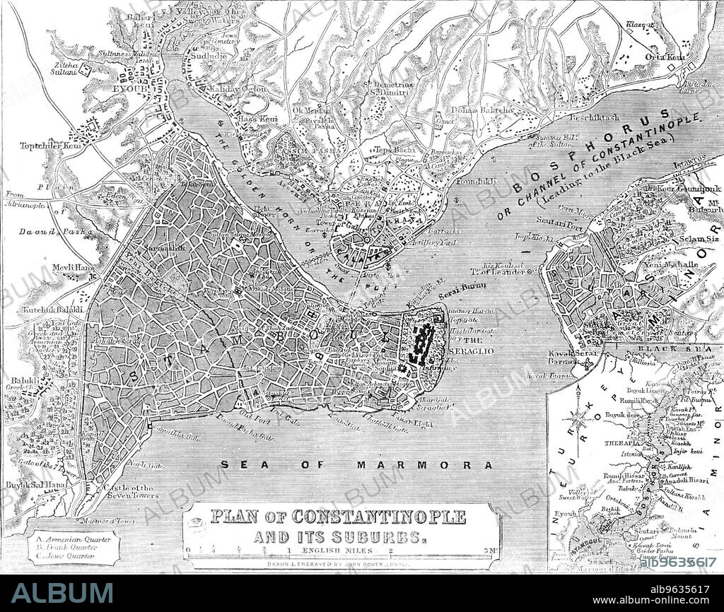 JOHN DOWER. Plan of Constantinople and its Suburbs, 1856. Map showing the city of Constantinople (modern Istanbul, Turkey), including the 'Golden Horn or the Port'; the Bosphorus 'or Channel of Constantinople, leading to the Black Sea'; the Sea of Marmora, the 'Armenian, Frank and Jews' Quarters, pontoon bridge and the Seraglio. From "Illustrated London News", 1856.