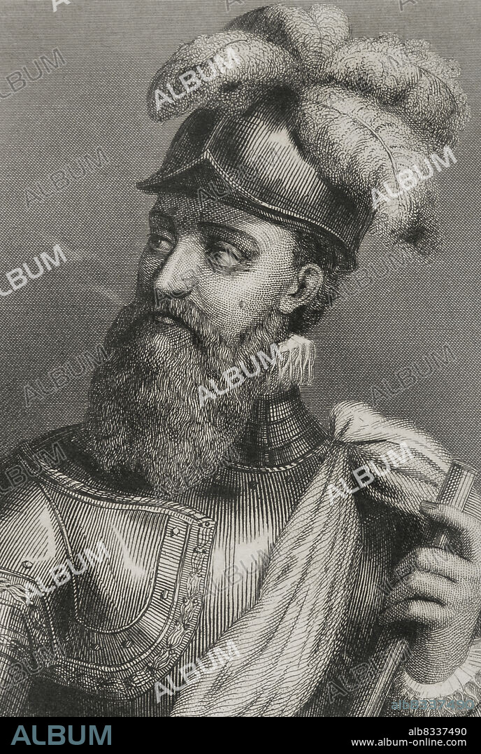 Francisco Pizarro (1478-1541). Conquistador español. Lideró la expedición que iniciaría la Conquista del Perú. Gobernador de Nueva Castilla. Retrato. Grabado. Historia Universal, por César Cantú. Tomo IV, 1856.