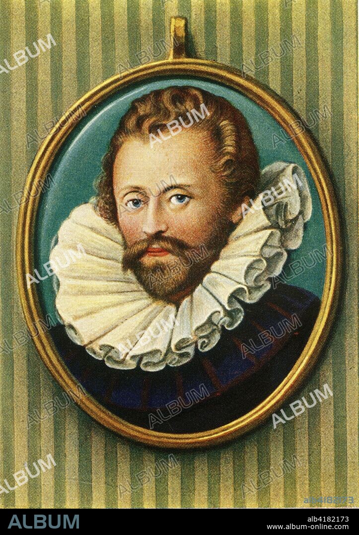 'Robert Devereux Earl of Essex', (1933). Portrait of Robert Devereux, 2nd Earl of Essex (1567-1601), English courtier and favorite of Queen Elizabeth I. In 1599, he requested that he be made lord lieutenant of Ireland, and went to Ireland to quell the rebellion of the Earl of Tyrone. He made an unauthorized truce with Tyrone and returned to England, where he was tried for disobedience, deprived of his offices, and banned from the court. He planned a coup that would get rid of his enemies around the queen and establish those in favour of him around her. However the queen's government was more than prepared, and he was arrested. With great reluctance Elizabeth I signed his death warrant, and Essex was executed. After a miniature by John Bettes. From "Gestalten Der Weltgeschichte", a book of cigarette-card portrait miniatures of figures in world history from the last four hundred years. [Germany, 1933].