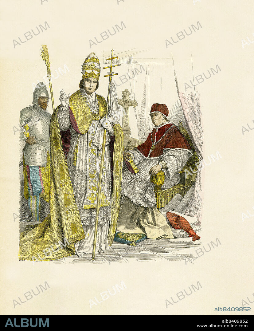 Ecclesiastical Vestments, Swiss Guard, Pope in Ceremonial Dress, Pope in Domestic Dress, 16th and 17th Centuries, Illustration, The History of Costume, Braun & Schneider, Munich, Germany, 1861-1880.