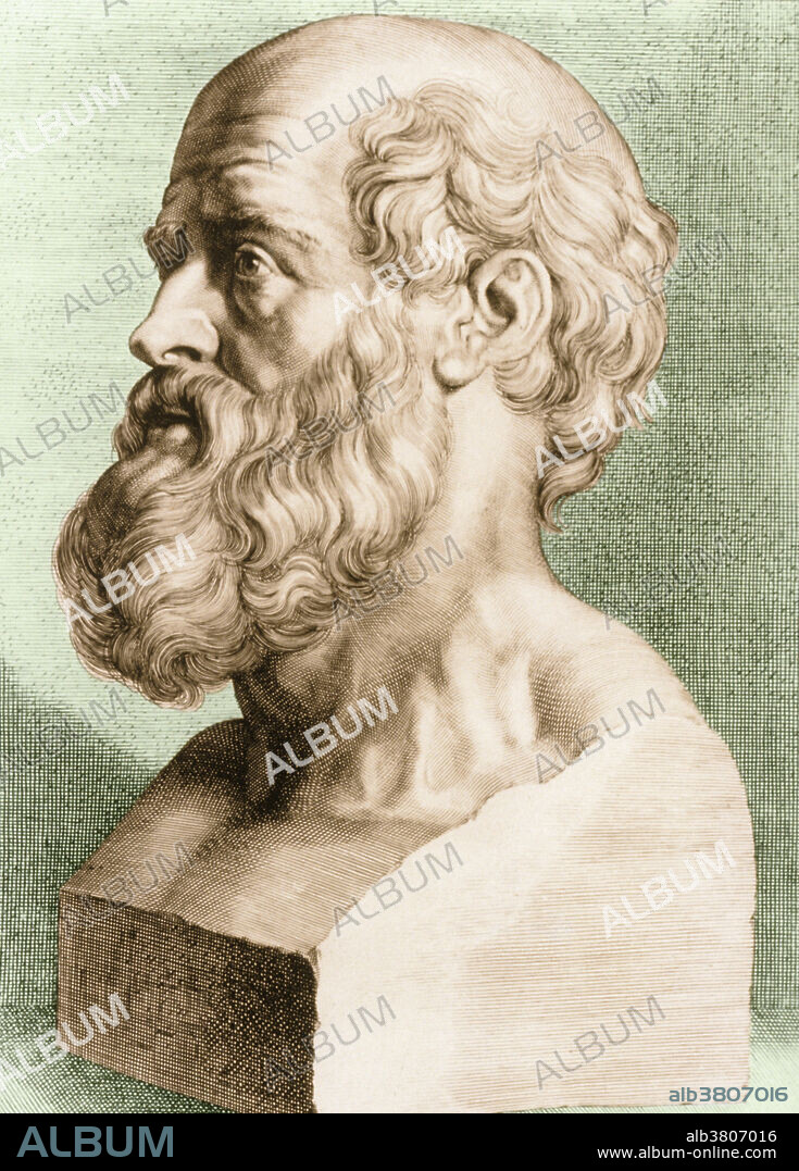 Bust of Hippocrates (460-370 BC), Greek physician considered to be the father of medicine. His influence survives in the Hippocratic oath (a code of medical ethics) taken by medical students on completion of their training. Little is known about Hippocrates. He founded a medical school on the Aegean island of Cos, where his ideas on medical conduct & practice were implemented. He advocated a rational approach to medicine, believing that disease was caused by physical phenomenon & not by the interference of the gods. Engraving by P. Pontius after P.P. Rubens. Colorized version of 8C7602.
