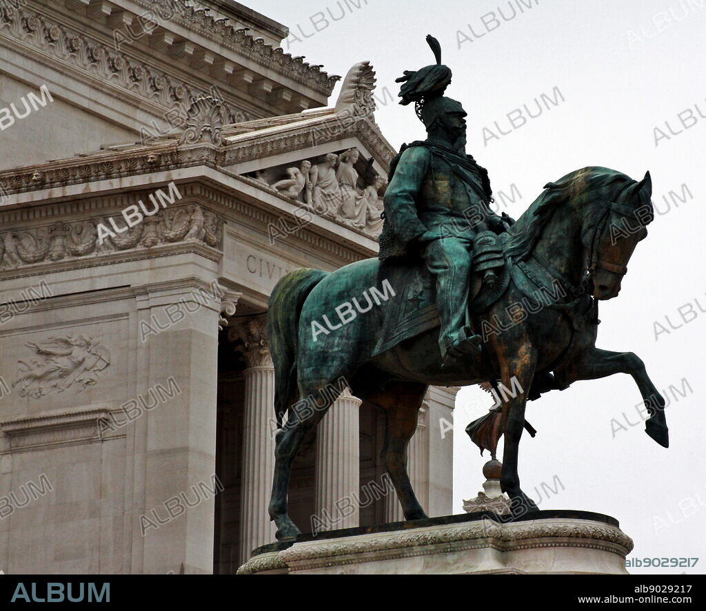 Statue of Vittorio Emanuele II or at the Victor Emmanuel Monument in Rome. The Monumento Nazionale a Vittorio Emanuele II or 'Il Vittoriano' is a monument in Rome built to honour king Victor Emmanuel, the first king of a unified Italy. Opened: 1925; designed by the architect, Giuseppe Sacconi.