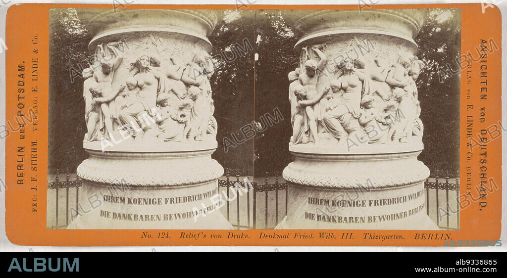 Relief on the pedestal of Friedrich Drake's statue of Friedrich Wilhelm III in the Tiergarten, Berlin, Relief's von Drake. Denkmal Fried. Wilh. III. Thiergarten. Berlin (title on object), Ansichten von Deutschland, Berlin und Potsdam (series title on object), Johann Friedrich Stiehm (mentioned on object), Friedrich Drake (mentioned on object), Berlin, 1868 - 1870, cardboard, paper, albumen print, height 87 mm × width 177 mm.