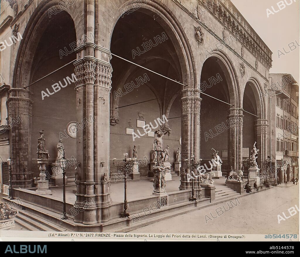 Loggia dei Lanzi, Florence, albumin paper, black and white positive process, image size: height: 19,80 cm; width: 24,80 cm, FIRENZE - Piazza della Signoria. La Loggia dei Priori detta dei Lanzi. (Disegno di Orcagna?), architectural photography, travel photography, column, pillars (architecture), streets and squares, loggia, veranda, hist. building, locality, street, Florence.
