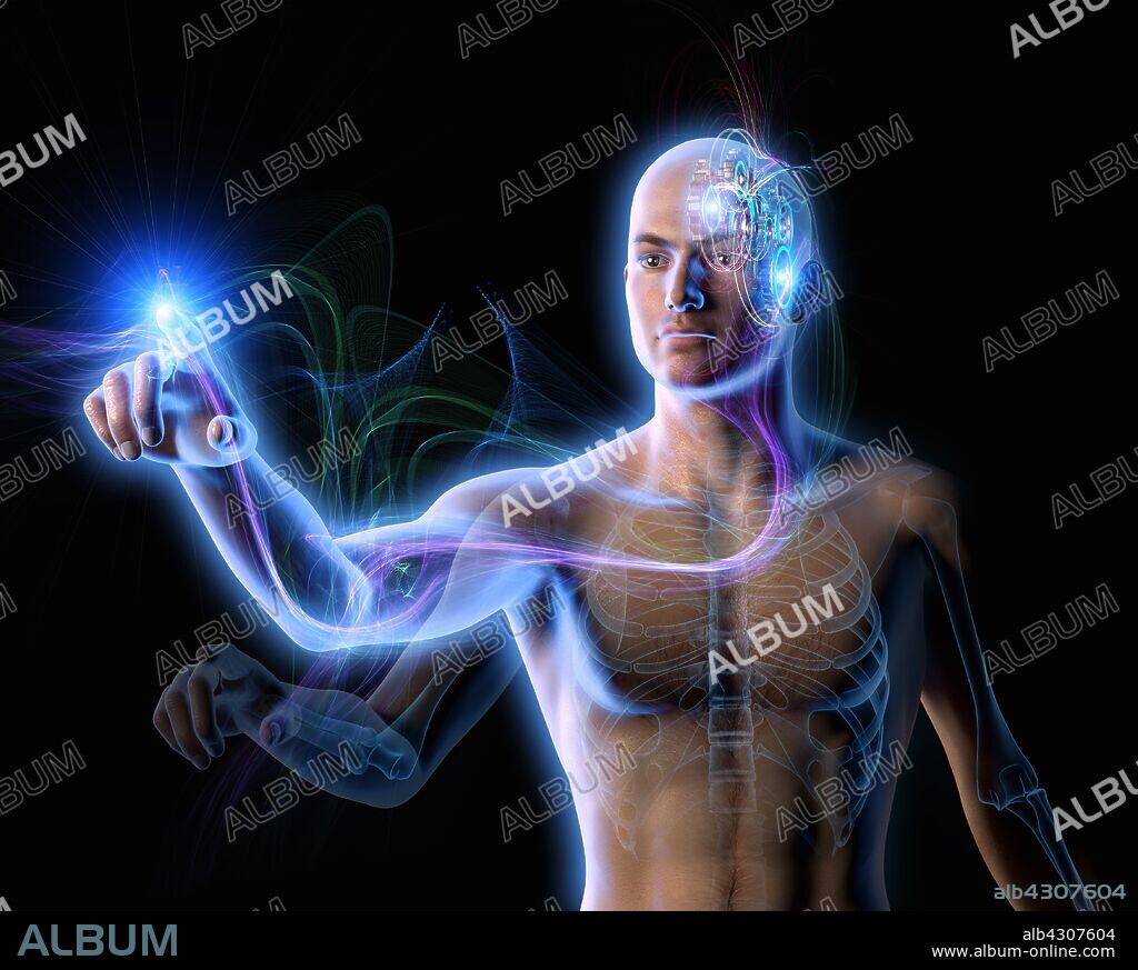 Energy flowing from cogs in man's brain through arm to pointing finger.