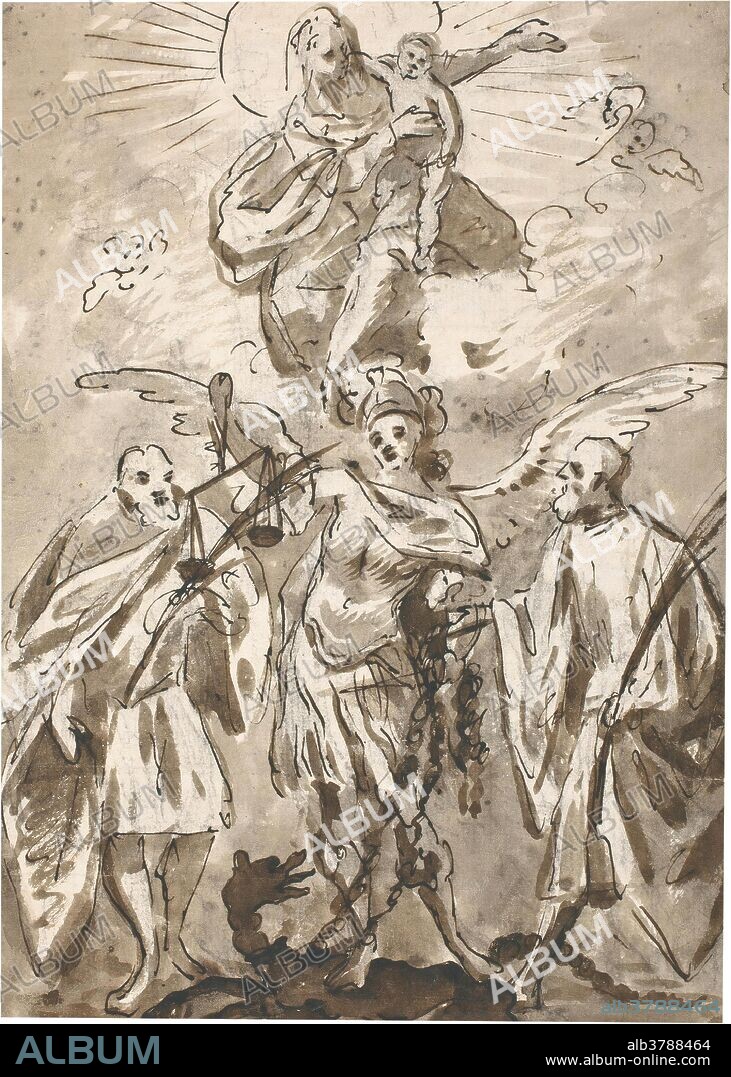 ANÓNIMO. Anónimo / 'La Virgen con el Niño y santos'. 1675 - 1700. Aguada parda, Lápiz negro, Pluma sobre papel blanco, 272 x 192 mm.