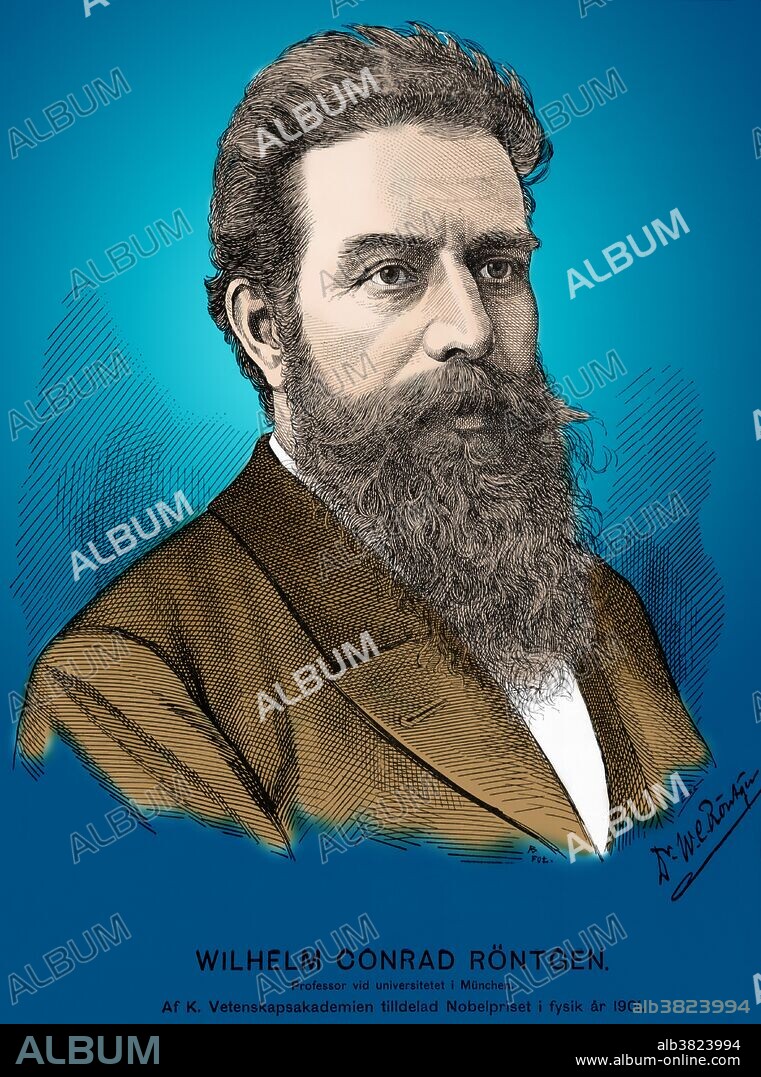 Wilhelm Konrad Roentgen (1845-1923), German experimental physicist and discoverer of X-rays. While using a discharge tube (in which an electric discharge is passed through a gas at low pressure) in a darkened room, Roentgen noticed that a card coated with barium platinocyanide glowed when the tube was switched on. The effect was not blocked by an intervening wall, or even a thin sheet of metal. Roentgen termed this newly discovered phenomenon X-ray radiation, and suggested that it consisted of electromagnetic rays with a shorter wavelength than light. He was awarded the first Nobel Prize for Physics in 1901.
