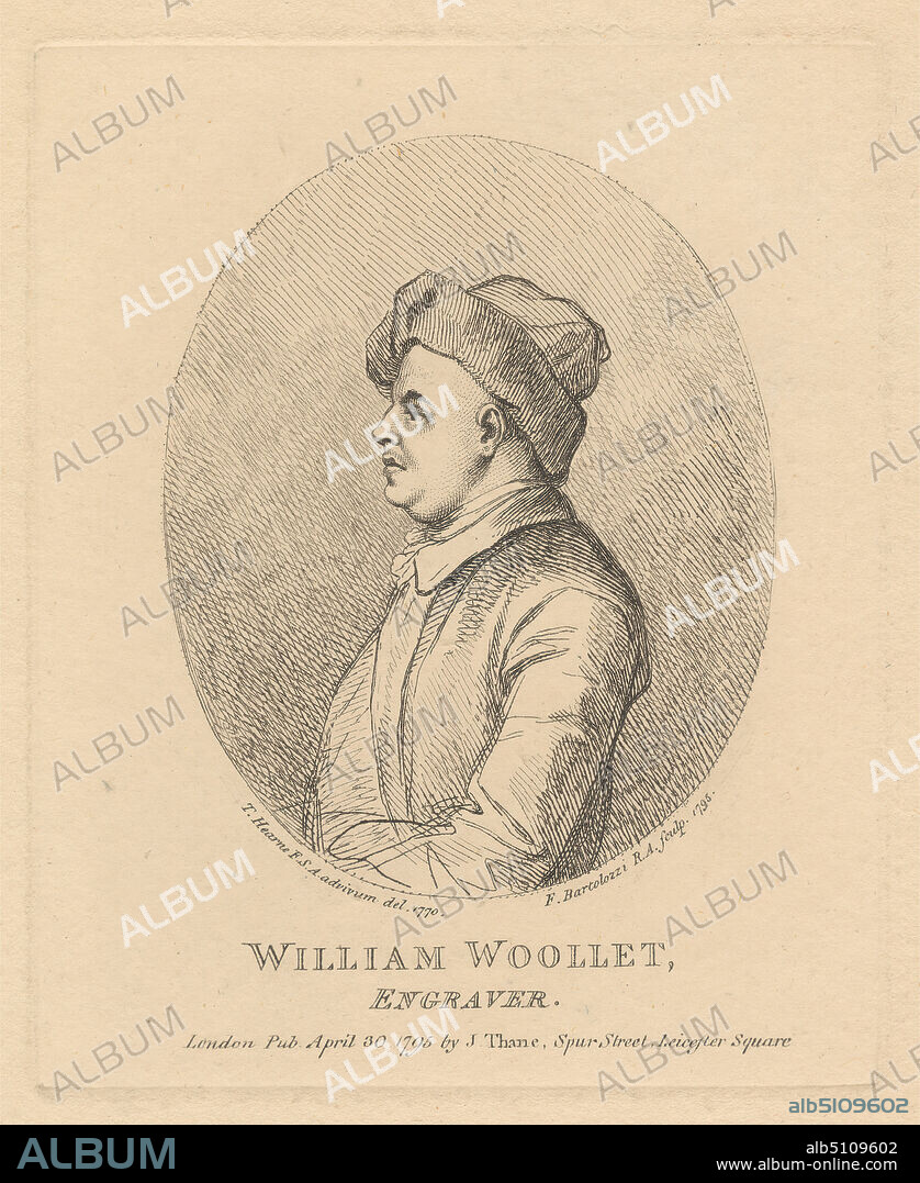 William Woollet, Print made by Francesco Bartolozzi RA, 17281815, Italian, active in Britain (176499), after Thomas Hearne, 17441817, British, Published by John Thane, 17481818, British, 1795, Etching on thick, moderately textured, beige wove paper, Sheet: 9 5/8 x 6 inches (24.4 x 15.2 cm), Plate: 4 3/4 x 3 3/4 inches (12 x 9.5 cm), and Image: 3 3/8 x 2 5/8 inches (8.5 x 6.6 cm), cap, coat, engraver (printmaker), man, oval, portrait, profile, stock.