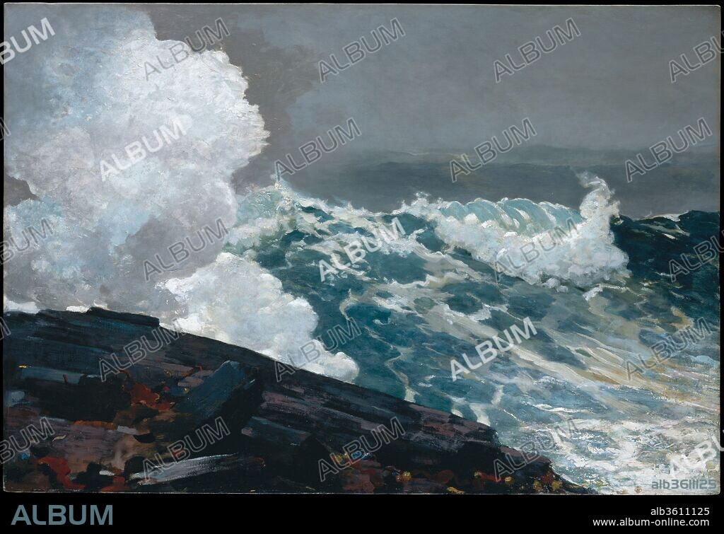 Northeaster. Artist: Winslow Homer (American, Boston, Massachusetts 1836-1910 Prouts Neck, Maine). Dimensions: 34 1/2 x 50 in. (87.6 x 127 cm). Date: 1895; reworked by 1901.
On the Maine coast, a "nor'easter" is a storm of exceptional violence and duration. When Homer first showed this canvas in 1895, it included two men in foul-weather gear crouching on the rocks below a smaller column of spray. Even though the painting was well received and purchased by a leading collector of American art--George Hearn, who later donated it to the Metropolitan Museum--Homer reworked it to powerful effect.