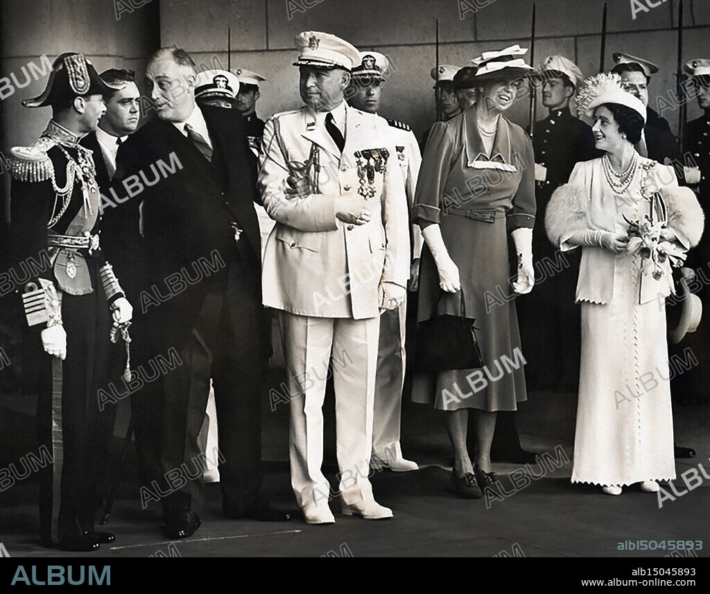 U.S. President Franklin D. Roosevelt in conversation with King George VI while U.S. First Lady Eleanor Roosevelt and Queen Elizabeth exchange pleasantries at Union Station, Washington, D.C., USA, Franklin D. Roosevelt Presidential Library & Museum, June 8, 1939.