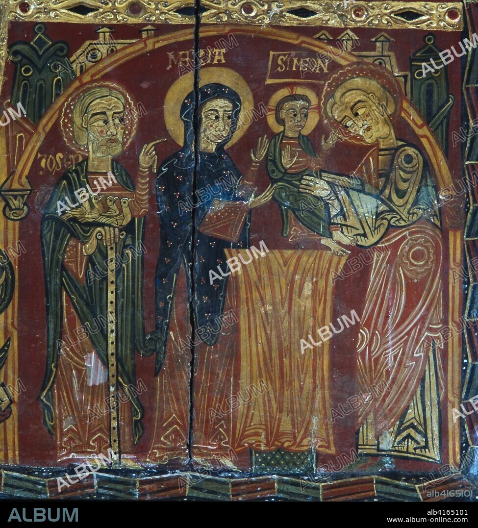 Frontal de altar de la Mare de Déu del Coll Talleres de Vic. Último cuarto del siglo XII. Pintura al temple sobre madera de chopo. 100,5 x 154 x 5 cm Procedente del monasterio de la Mare de Déu del Coll, Osor (Selva) MEV 3.