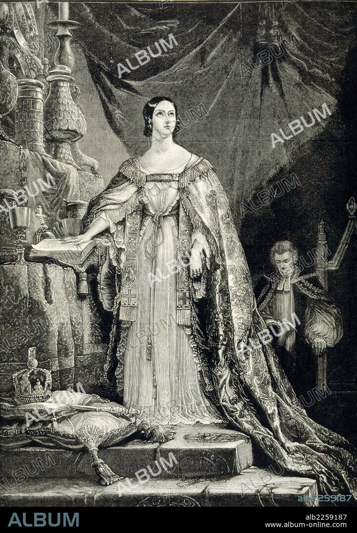 VICTORIA I. REINA DE INGLATERA E IRLANDA. 1819 - 1901. " LA REINA VICTORIA PRESTANDO JURAMENTO ". GRABADO DE UN CUADRO DE G. HAYTER. ILUSTRACION ESPPAÑOLA Y AMERICANA.