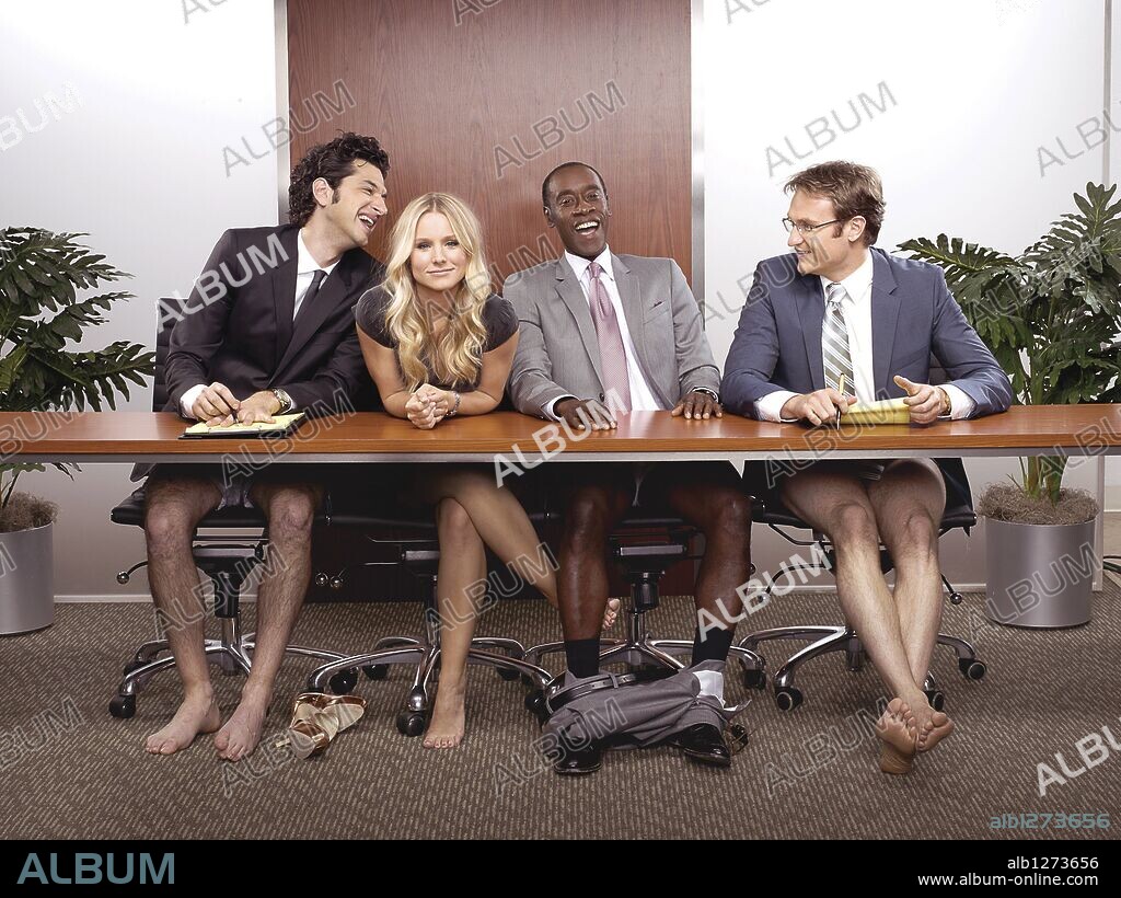 BEN SCHWARTZ, DON CHEADLE, JOSH LAWSON and KRISTEN BELL in HOUSE OF LIES, 2012, directed by MATTHEW CARNAHAN and STEPHEN HOPKINS. Copyright SHOWTIME NETWORKS.