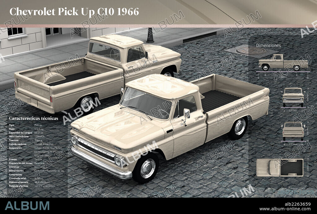 Chevrolet Pick Up C10 1966. Infografía de las características técnicas de la camioneta Chevrolet Pick Up C10 de 1966.
