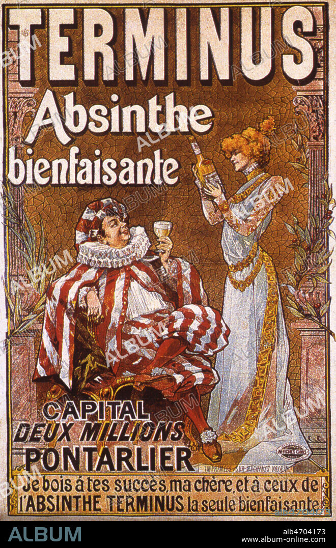 'Terminus, absinthe bienfaisante'. Publicite vers 1900 representant Sarah BERNHARDT (1844-1923) et Andre ANTOINE (1858-1943) illustree par Francisco Nicolas TAMAGNO (1851-1933). Credit : Collection KHARBINE-TAPABOR.