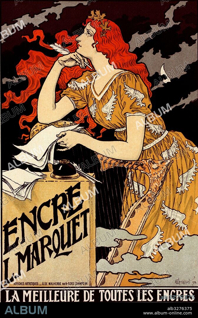 Poster for l' Encre Marquet. Eugène Grasset 1845 – 1917, a Franco-Swiss decorative artist who worked in Paris, France in a variety of creative design fields during the Belle Époque. He is considered a pioneer in Art Nouveau design.