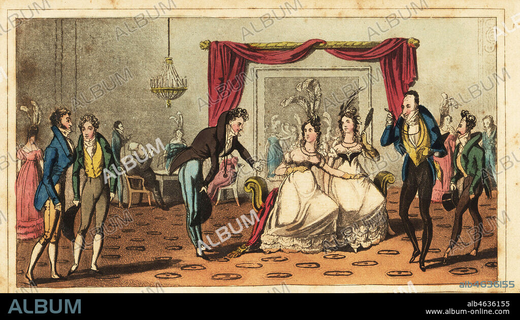 Regency gentleman, fops and dandies flirting with ladies at a party in a grand house. Tom and Bob at a real swell party. Handcoloured copperplate engraving after an illustration by William Heath from Real Life in London, or, the Further Rambles and Adventures of Bob Tallyho, Esq. and His Cousin The Hon. Tom Dashall, through the Metropolis, Jones, London 1821. Anonymous imitation of Pierce Egans Life in London.