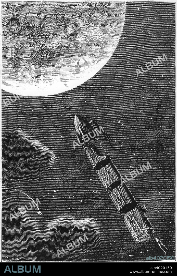 Jules Verne (1828-1905) De la Terre a la Lune, 1865. A train of space capsules on their way to the Moon.