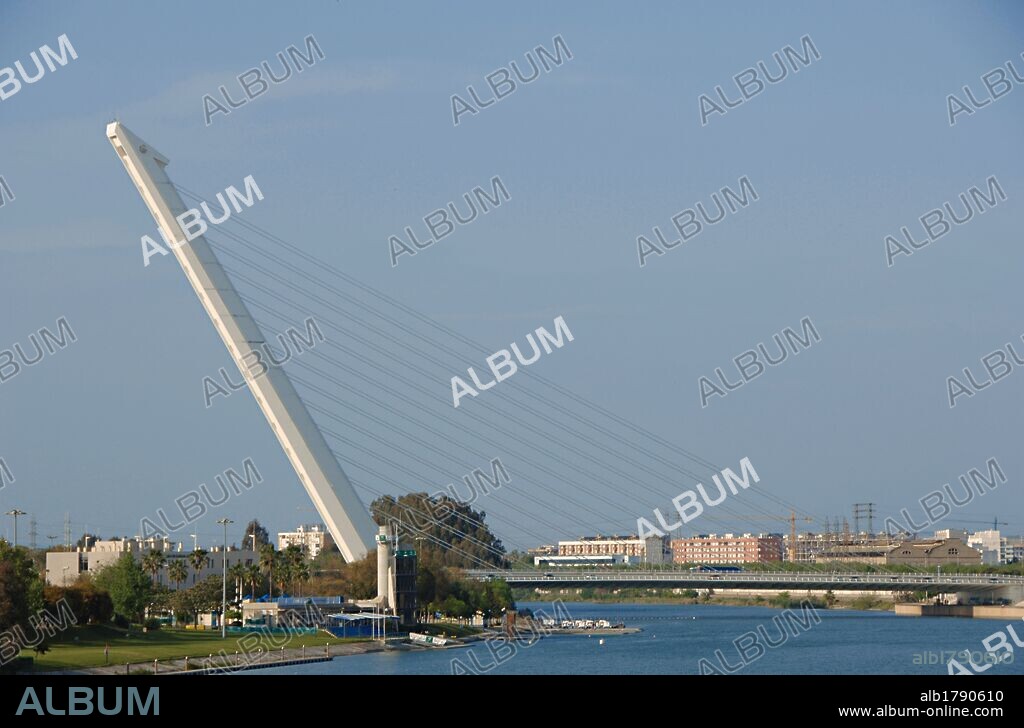 Spain. Andalusia. Seville. The Alamillo bridge, designed by the architect Santiago Calatrava (b. 1951). Cantilever spart cable-stayed bridge. It was constructed as part of infraestructure for Expo 92. 1989-1992, over Guadalquivir river.