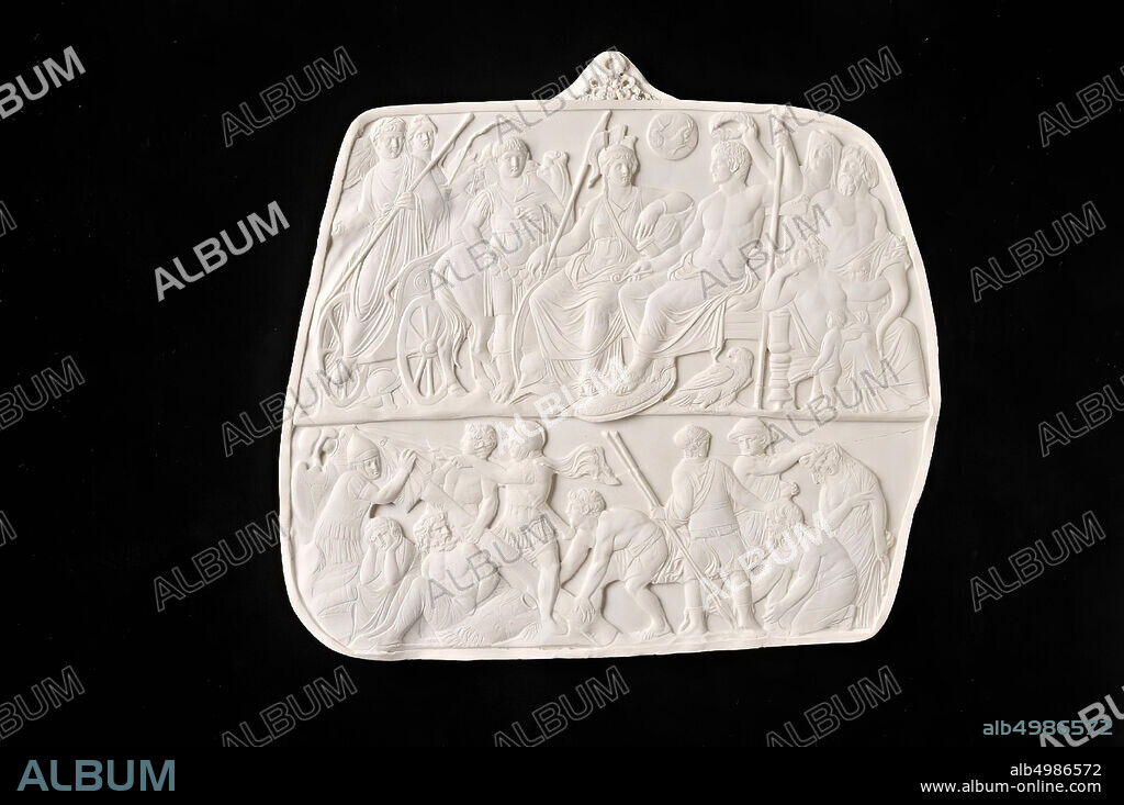 Top register: August with staff sitting on a throne next to Minerva, on the left a chariot, bottom register: soldiers set up a trophy, several prisoners seated or crouched on the ground. Hook on the back., Casting, plaster, Color: white, Form: irregular, Processing:, Type: casting, 23 x 21.2 x 1.8 cm, modern.