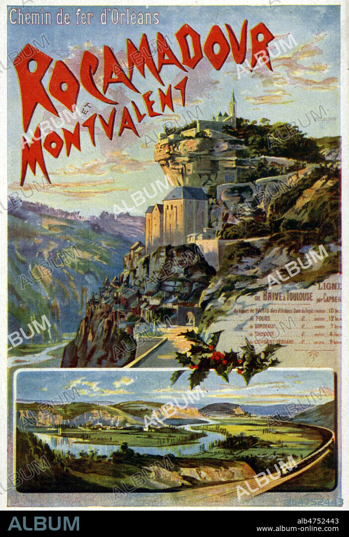 'Rocamadour et Montvalent'. Carte postale publicitaire des Chemins de fer d'Orleans, vers 1925. Illustration anonyme. Credit : Collection IM/KHARBINE-TAPABOR.
