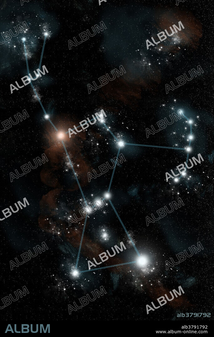 An outline of the Greek constellation, Orion the Hunter, drawn in blue against the night sky. The red super giant star Betelgeuse shines at the shoulder while Rigel is the brightest star at the lower right.