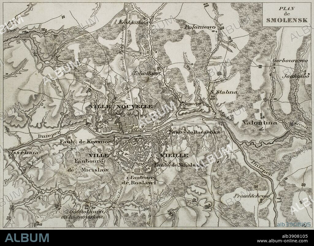 Napoleonic map. City of Smolensk, Russia. It was destroyed during the invasion of Napoleon I. Atlas de l'Histoire du Consulat et de l'Empire. History of the Consulate and the Empire of France under Napoleon by Marie Joseph Louis Adolphe Thiers (1797-1877). Drawings by Dufour, engravings by Dyonnet. Edited in Paris, 1864.