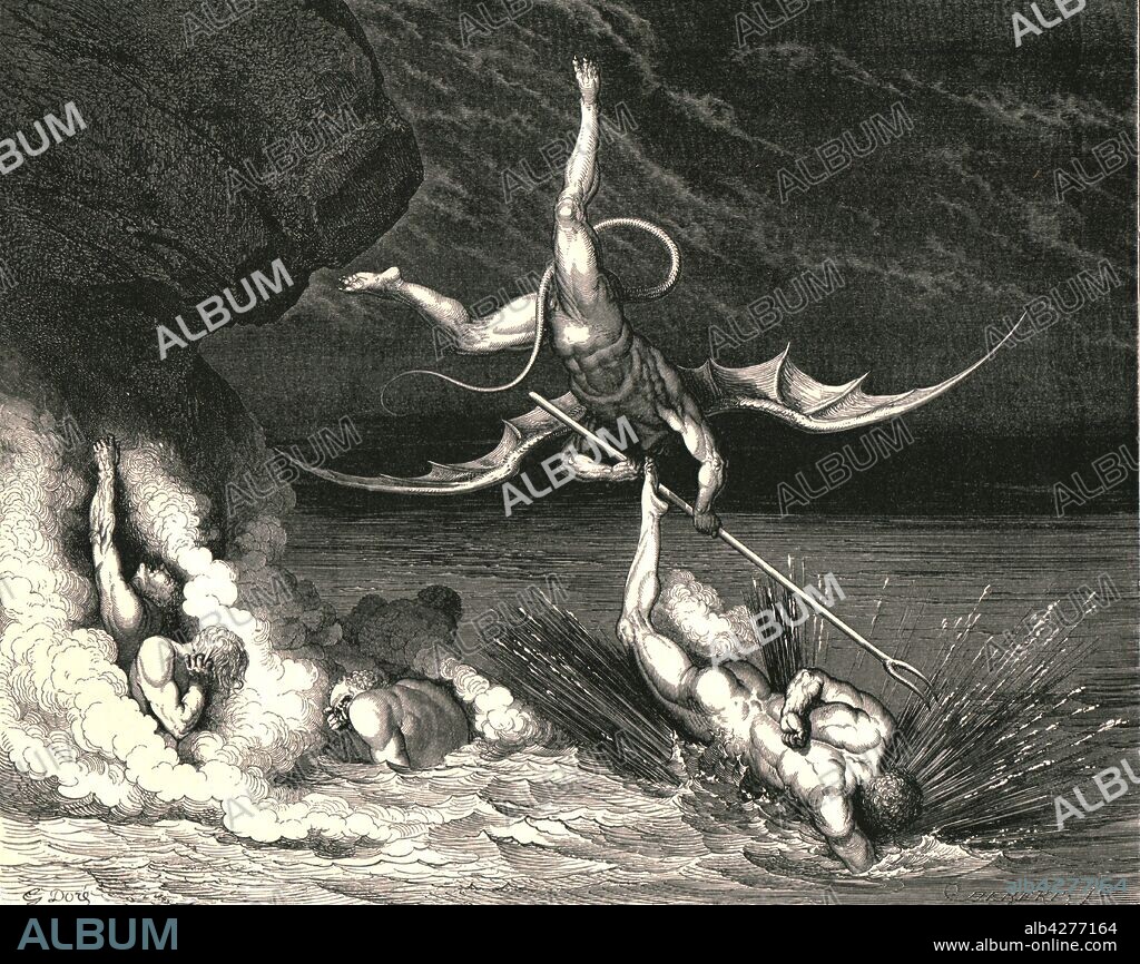 PAUL GUSTAVE DORÉ. 'In pursuit he therefore sped, exclaiming; "Thou art caught"', c1890. The demon Alichino chases the escaping sinner Bonturo Dati. Illustration from "The Vision of Hell" (Inferno), the first part of "The Divine Comedy" (La divina commedia) by Dante Alighieri. This long, narrative poem, written in Italian c1308-1321, tracing Dante's imaginary journey from Hell, through Purgatory and finally to Heaven and a beatific vision of God, has been published numerous times. This edition, published late 19th century, is illustrated by Gustave Dore. [Cassell Petter & Galpin, c1890].