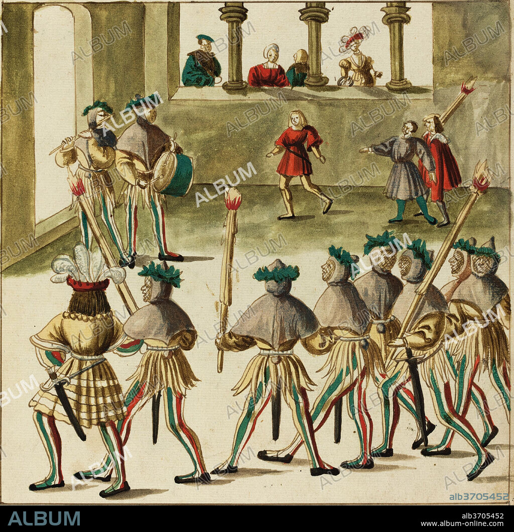 GERMAN 16TH CENTURY. Masquerade. Dated: c. 1515. Dimensions: image: 23.3 cm (9 3/16 in.)  sheet: 33.6 x 26.9 cm (13 1/4 x 10 9/16 in.). Medium: pen and brown ink with watercolor on laid paper.