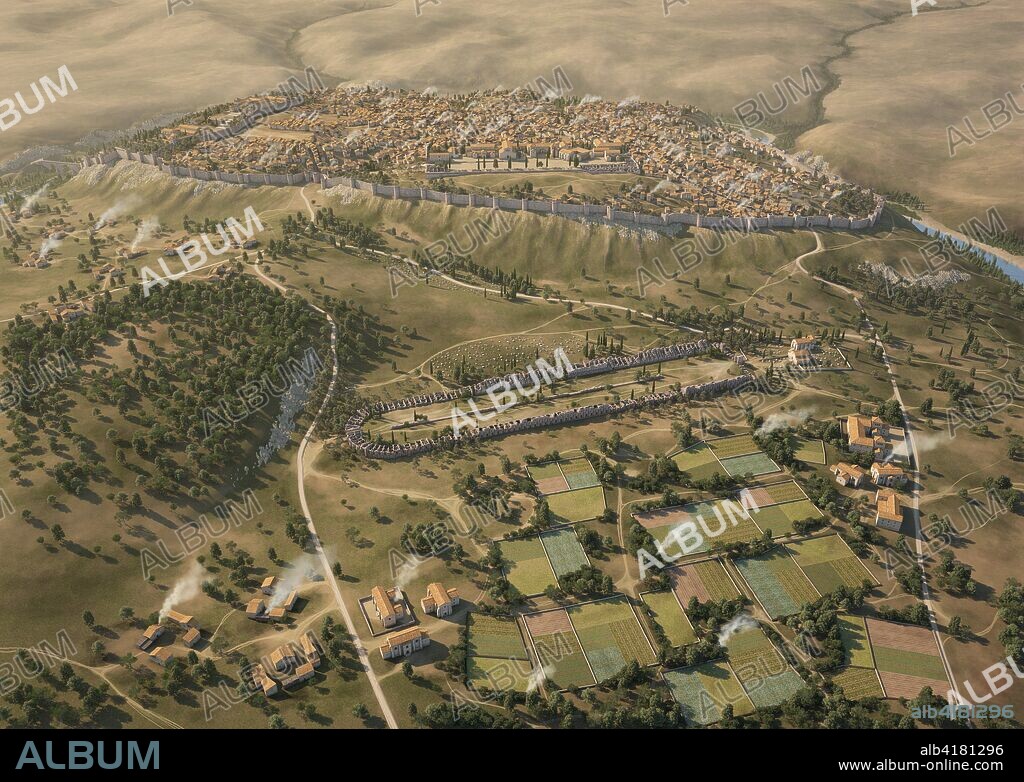 Toledo as Visigothic capital in the S. VII. Ideal reconstruction of the city of Toledo based on the most recent excavations, although partial, allow articulating the distribution of spaces of the Visigothic capital, differentiating the episcopal group on the platform of the old Roman forum, the palatial ensemble and the basilica in space of the Alcazar and the area of the palaces of the aristocracy outside, recently excavated.