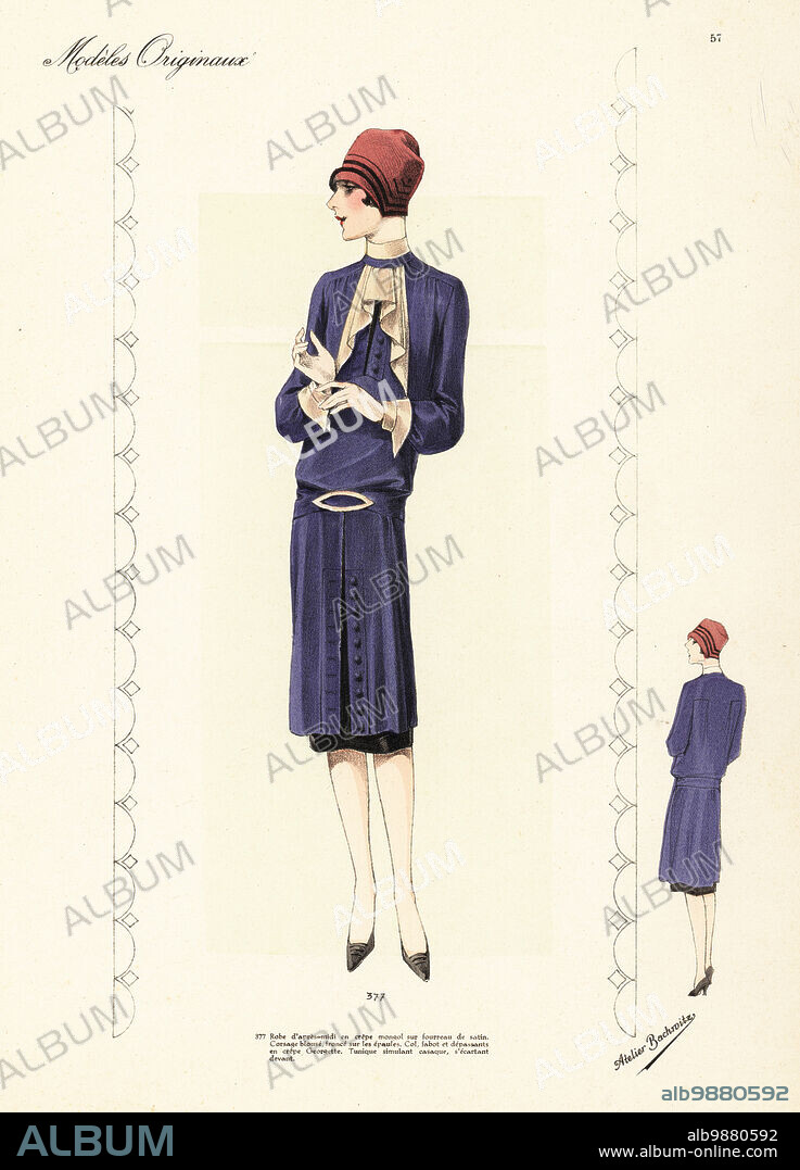 Woman in blue afternoon dress of crepe mongol over a satin slip. Cloche hat. Robe d'apres-midi en crepe mongol sur fourreau de satin. Handcoloured lithograph from Beaux-Arts des Modes: Modeles Originaux, Hiver 1928 (Fashions of Fine Arts: Original Models, Winter 1928), Publisher Chic Parisien, Atelier Bachwitz, Paris, Volume 6, Number VII, November 1927.