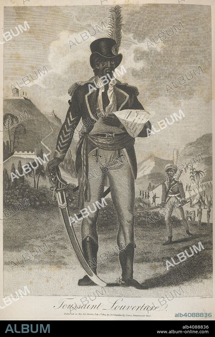 MARCUS RAINSFORD, CAPTAIN MARCUS RAINSFORD y J BARLOW. Toussaint Louverture. (1746-1803). Haitian revolutionary leader. An historical account of the black empire of Hayti. London, 1805. Toussaint Louverture (1746-1803). Haitian revolutionary leader. Born a slave, he became a general in the French army but after driving out the British and Spanish expeditions, he took control of the island. Napoleon sent an expedition to restore restore control and the re-establishment of slavery. He was treacherously seized from a meeting, imprisoned and died of neglect in prison. Portrait. Image taken from An historical account of the black empire of Hayti ( Haiti ); comprehending a view of the principal transactions in the revolution of Saint Domingo, etc. Source: 797.dd.10, opposite 241.