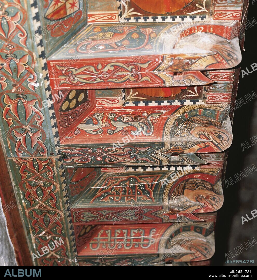 Spain. Aragon. La Puebla de Castro. Mudejar aljarfe (14th. Century) in the Choir of the Church of San Roman de Castro. Polychrome wood with pictorial representations of storied scenes, human figures and animals, both fantastic and real Kufic motifs, plant motifs, and coats of arms. Detail.