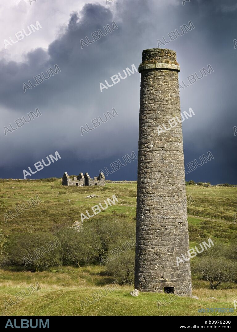 Powder Mills, Postbridge, Dartmoor, Devon, 2007. Remains of the Powder Mills at Postbridge, with chimney in the foreground, against an overcast sky.