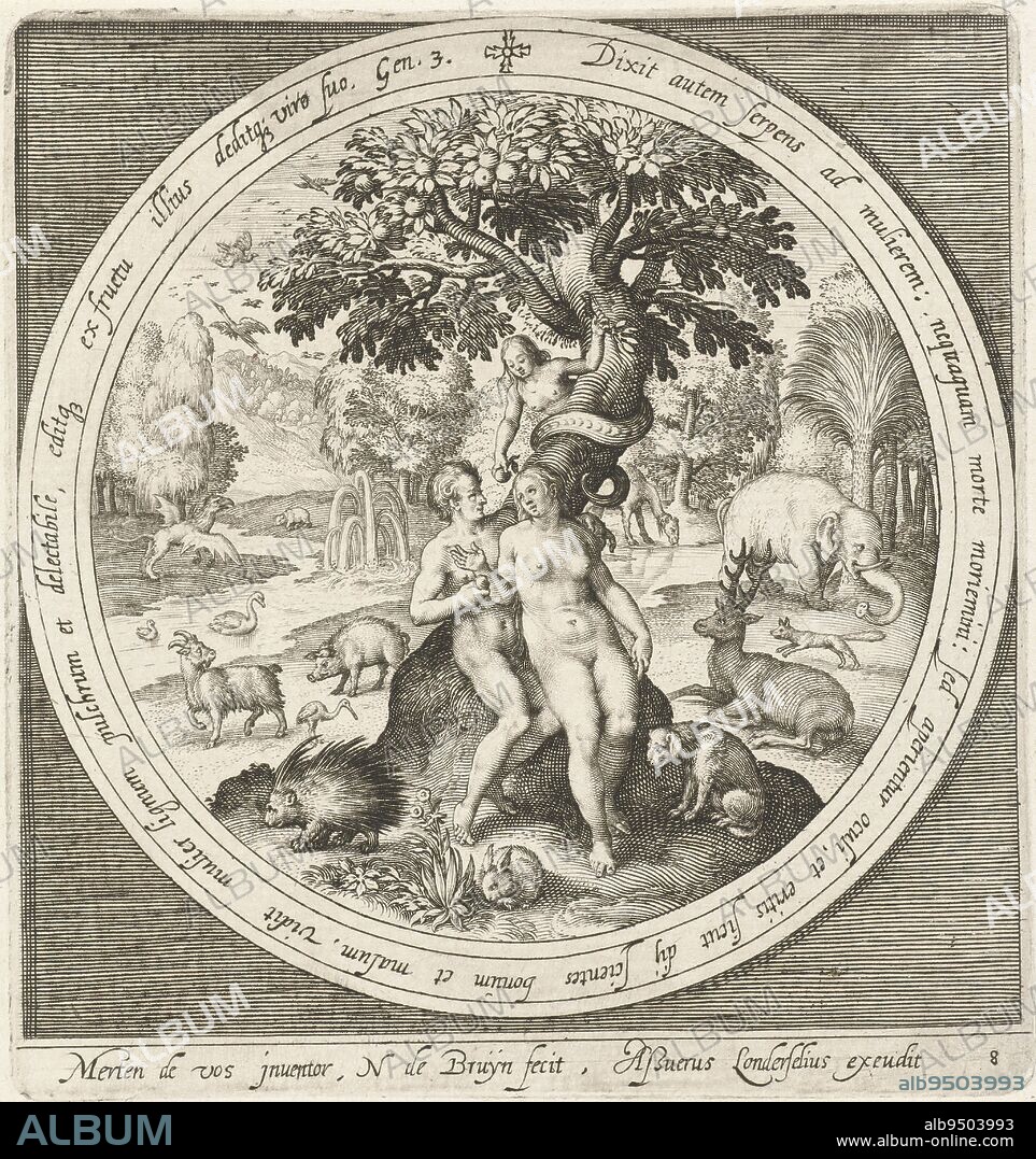 Eve is deceived by the serpent at the tree of good and evil. She eats of the forbidden apples and offers Adam a fruit as well. In a medallion with a Latin inscription from Genesis 3, within a rectangular frame, Eve is deceived by the serpent near the tree of good and evil From creation to expulsion from Paradise (series title)., print maker: Nicolaes de Bruyn, (mentioned on object), Maerten de Vos, (mentioned on object), publisher: Assuerus van Londerseel, (mentioned on object), Netherlands, 1581 - 1656, paper, engraving, h 136 mm × w 127 mm.