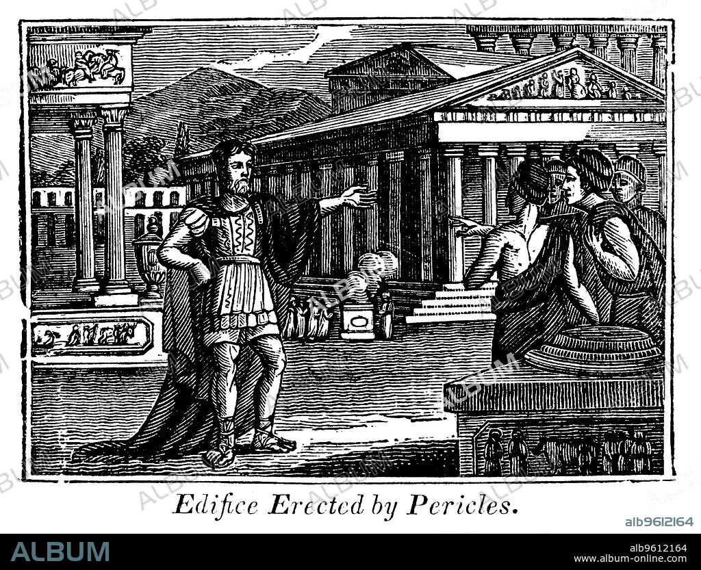 Pericles (c490-429 BC), Athenian statesman, (1830). Among the public buildings erected in Athens under the patronage of Pericles (or Perikles) were the Parthenon, the Erechtheum, the Odeum and the Propylaea. From The World Displayed by the Rev Royal Robbins. (New York, 1830).