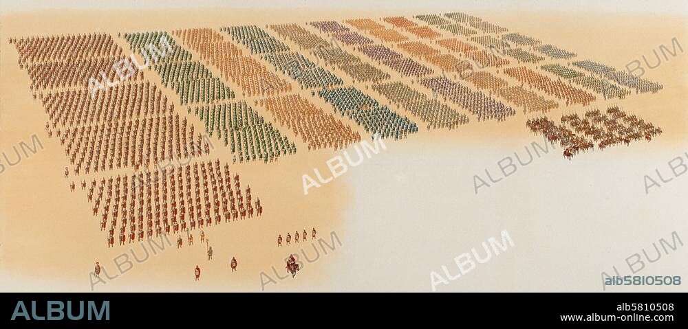 History: Ancient history / Roman army. Roman legion on parade (ten cohorts, 120 horsemen) (late C1 AD). Watercolour, undated, by Peter Connolly. (1935-2012).