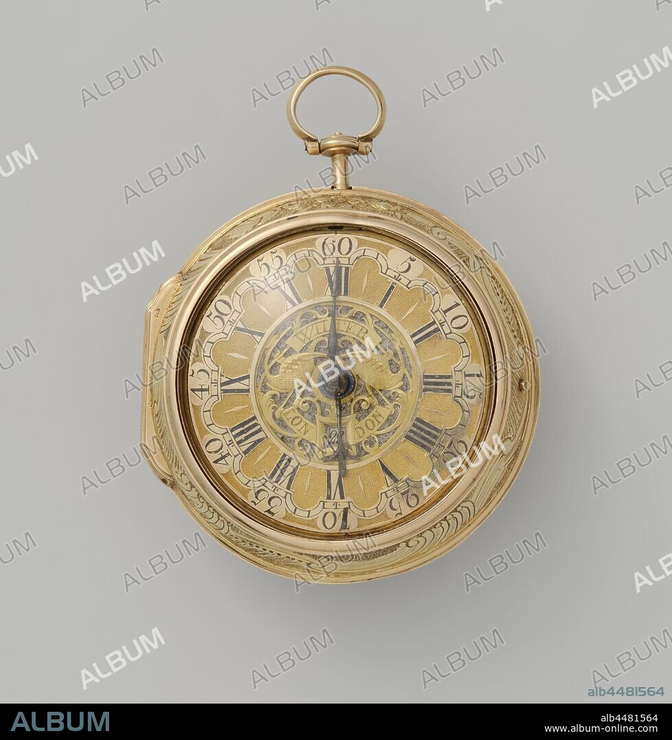 Watch with lady with monk, Men's watch, with spindle movement, of gold, with double case. An enamel painting on the loose cupboard, depicting a monk with a drinking cup and a woman., anonymous, c. 1775 - c. 1800, gold (metal), d 4.5 cm d 5.1 cm.