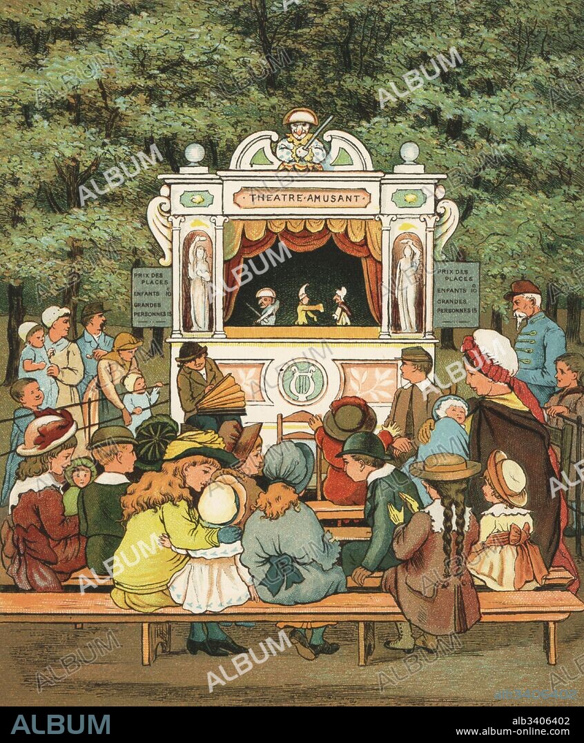 Victorian children watching a Punch and Judy show in the Tuileries Gardens, Paris. Colour woodblock after an illustration by Thomas Crane and Ellen Houghton from Abroad, Marcus Ward, London, 1882.