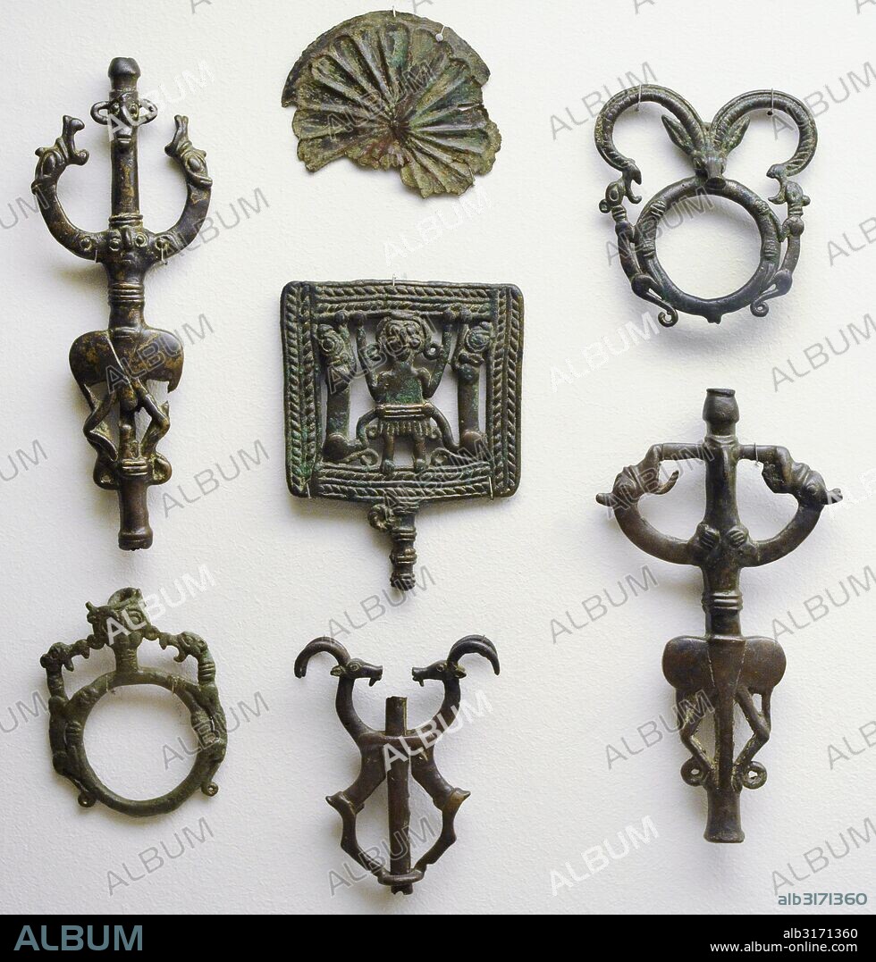 Luristan bronze.  Abput 1000-650 BC. West-Central Iran. Early Iron Age. Pieces of horses-harness, decorations. The State Hermitage Museum. Saint Petersburg. Russia.