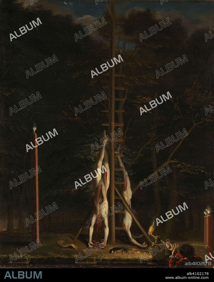 JAN DE BAEN (ATTRIBUTED TO). The Corpses of the De Witt Brothers. The Corpses of the de Witt Brothers, Jan and Cornelis, Hanging on the Groene Zoodje on the Vijverberg, The Hague, 1672. Dating: c. 1672 - c. 1675. Measurements: h 69.5 cm × w 56 cm.