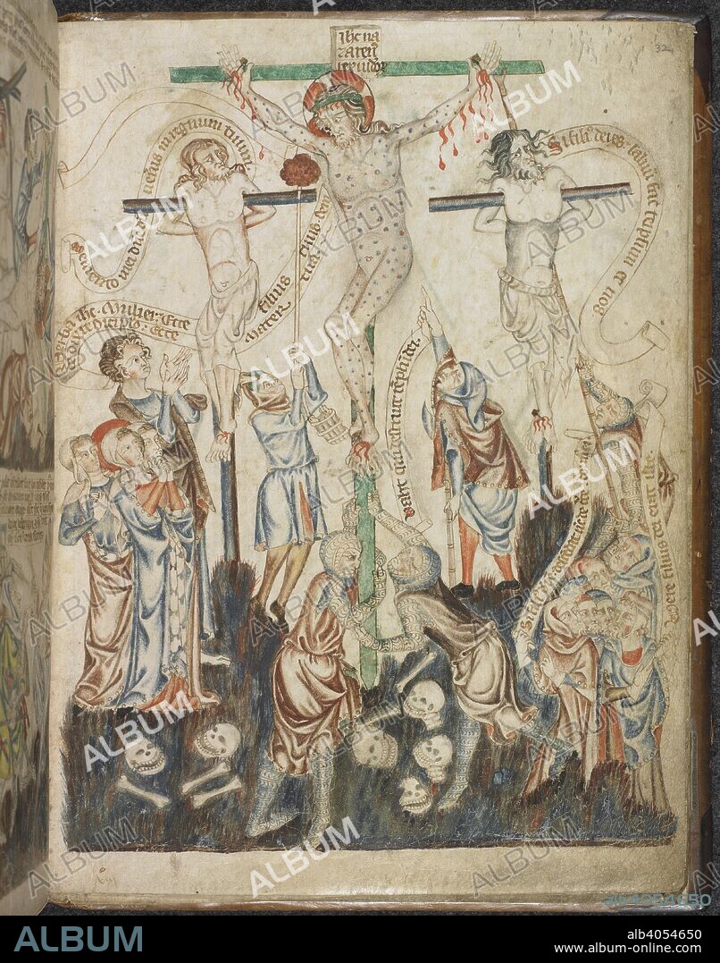 The Crucifixion. Holkham Bible Picture Book. England; circa 1320-1330. [Whole folio] Christ hangs naked on the cross, between two thieves, Stephaton offers him a sponge. Below the cross, the three Maries  Image taken from Holkham Bible Picture Book.  Originally published/produced in England; circa 1320-1330. . Source: Add. 47682, f.32. Language: French.