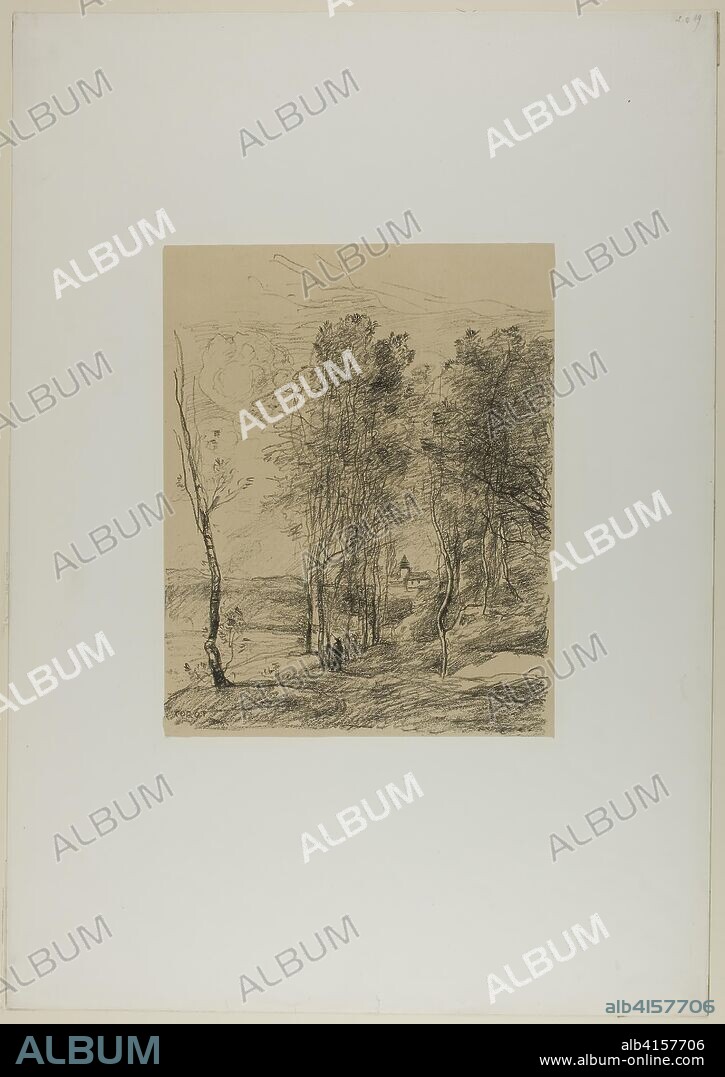 The Bell Tower of St. Nicolas-lez-Arras. Jean-Baptiste-Camille Corot; French, 1796-1875. Date: 1871. Dimensions: 279 × 221 mm (image); 568 × 400 mm (sheet). Transfer lithograph on tan China paper laid down on white wove paper. Origin: France.