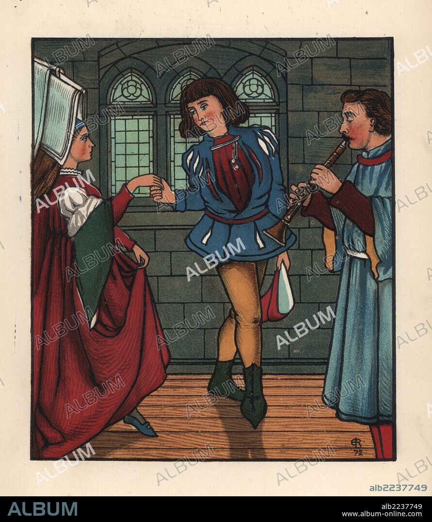 Medieval couple dancing to a musician playing a clarinet (invented in the 18th century). Handcoloured lithograph after an illustration by J. E. Rogers from Francis Cowley Burnand's "Present Pastimes of Merrie England, Cassell, London, 1873.