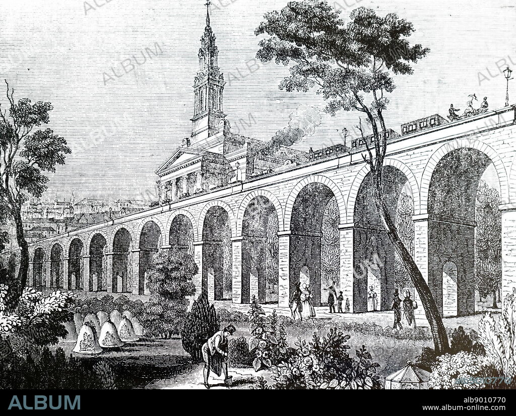 An engraving depicting gardening near the arches of the London and Greenwich Railway, Bermondsey. Note the bell-shaped glass cloches on the left and the different design on the right. Dated 19th century.
