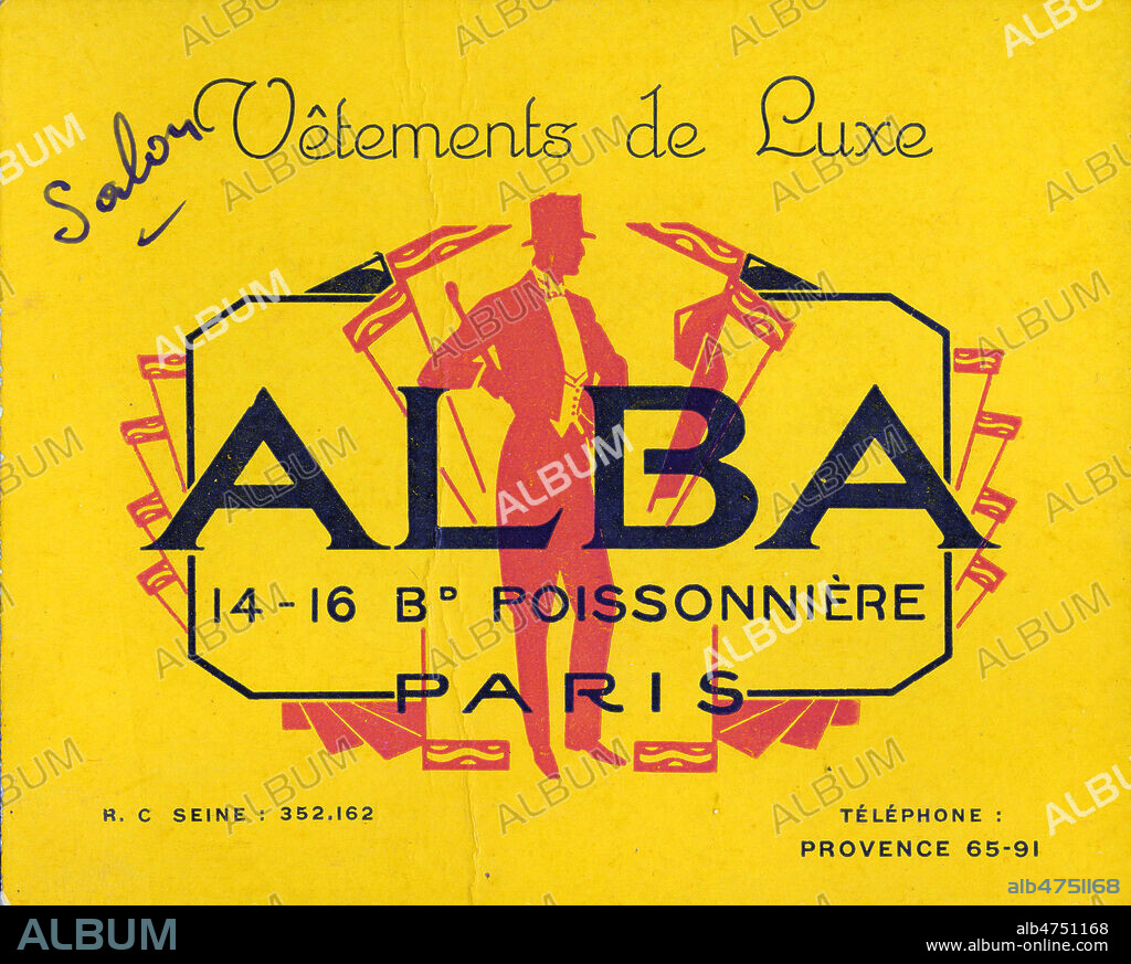 Carte publicitaire vers 1930 pour le magasin de vetements de luxe ALBA, Bd Poissonniere a Paris. Illustration anonyme. Credit : Collection IM/KHARBINE-TAPABOR.