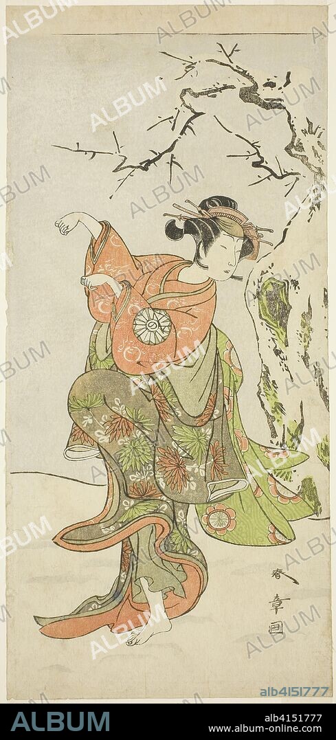 The Actor Nakamura Noshio I as the Fox-Wife from Furui, in a Dance Sequence (Shosagoto) in Part Two of the Play Izu-goyomi Shibai no Ganjitsu (First Perfomance Day of the Izu Calendar), Performed at the Morita Theater from the First Day of the Eleventh Month, 1772. Katsukawa Shunsho ?? ??; Japanese, 1726-1792. Date: 1767-1777. Dimensions: 32.5 x 15 cm (12 13/16 x 5 7/8 in.). Color woodblock print; hosoban. Origin: Japan.