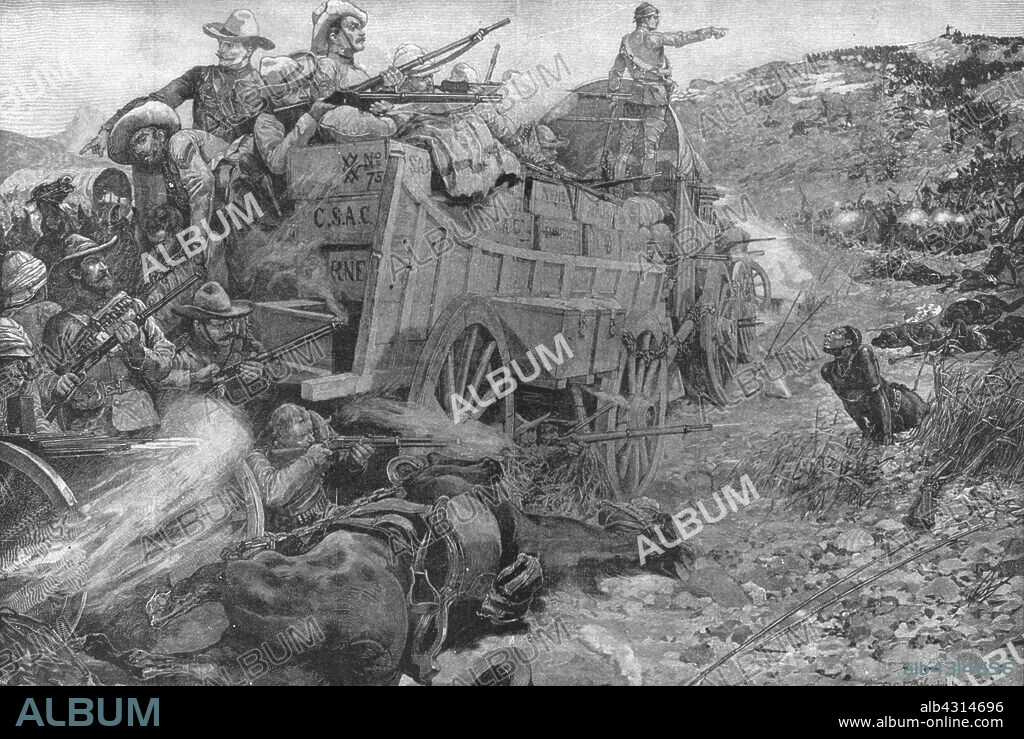 'The Matabele War, 1893: Attack on the Laager of Wagons on the Imbembezi River, November 1', (1901). The First Matabele War was fought in 1893 between the British South Africa Company and the Ndebele (Matabele) people. The Battle of the Shangani was fought near the Shangani river on 25 October 1893, in what is now Zimbabwe. A large force of Matabele warriors attacked a column of the British South Africa Company, but were repulsed with heavy loss of life to the Matabele force. From "The Illustrated London News Record of the Glorious Reign of Queen Victoria 1837-1901: The Life and Accession of King Edward VII. and the Life of Queen Alexandra". [London, 1901].